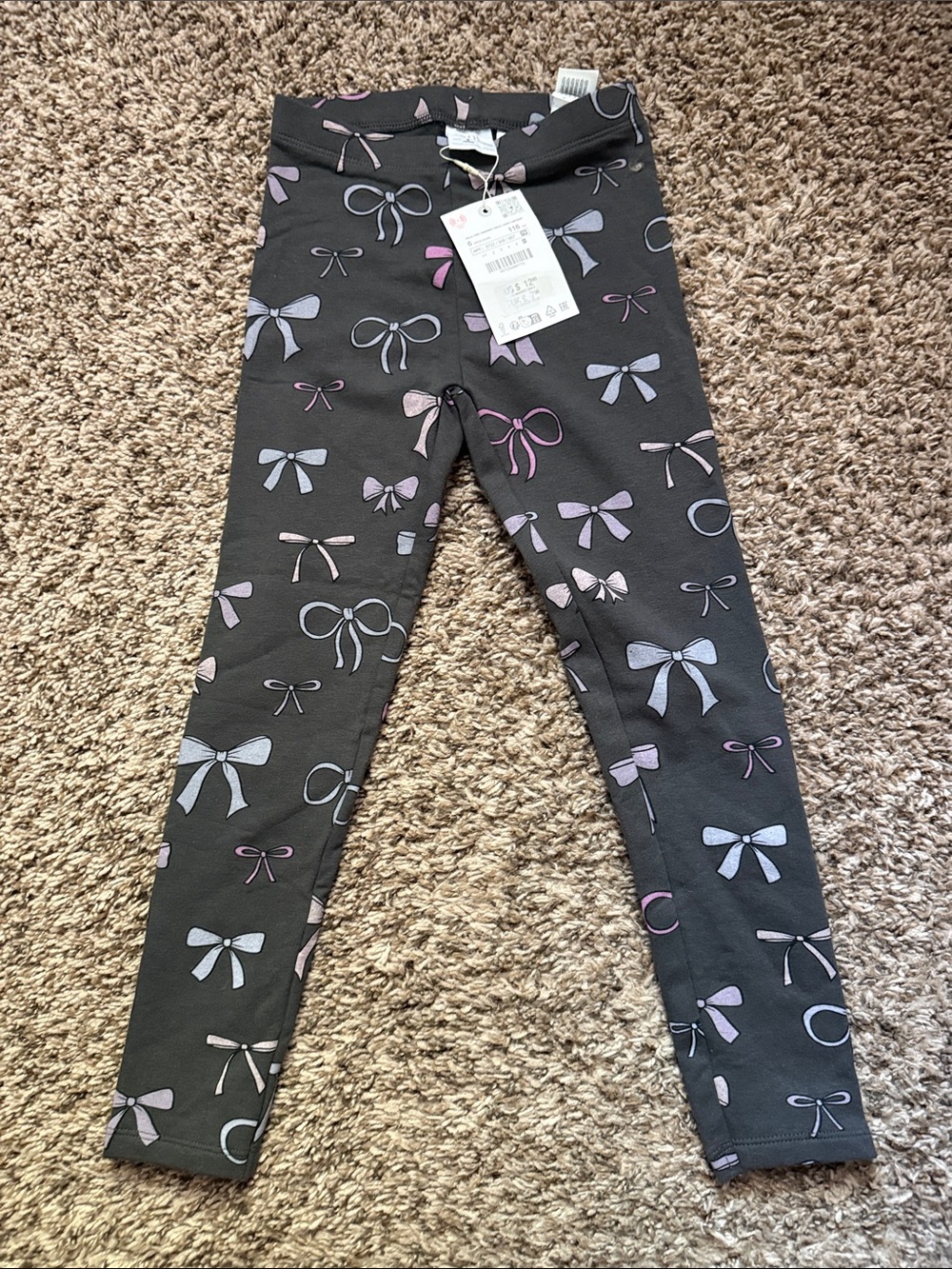 Zara Gray fleece lined Leggings with Pink & Light Purple Bow Print